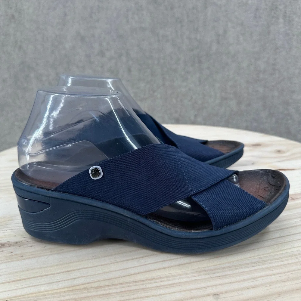 Bzees Desire Navy Blue Stretch Fabric Cross Strap Wedge Sandals 9.5 Slip On Shoe